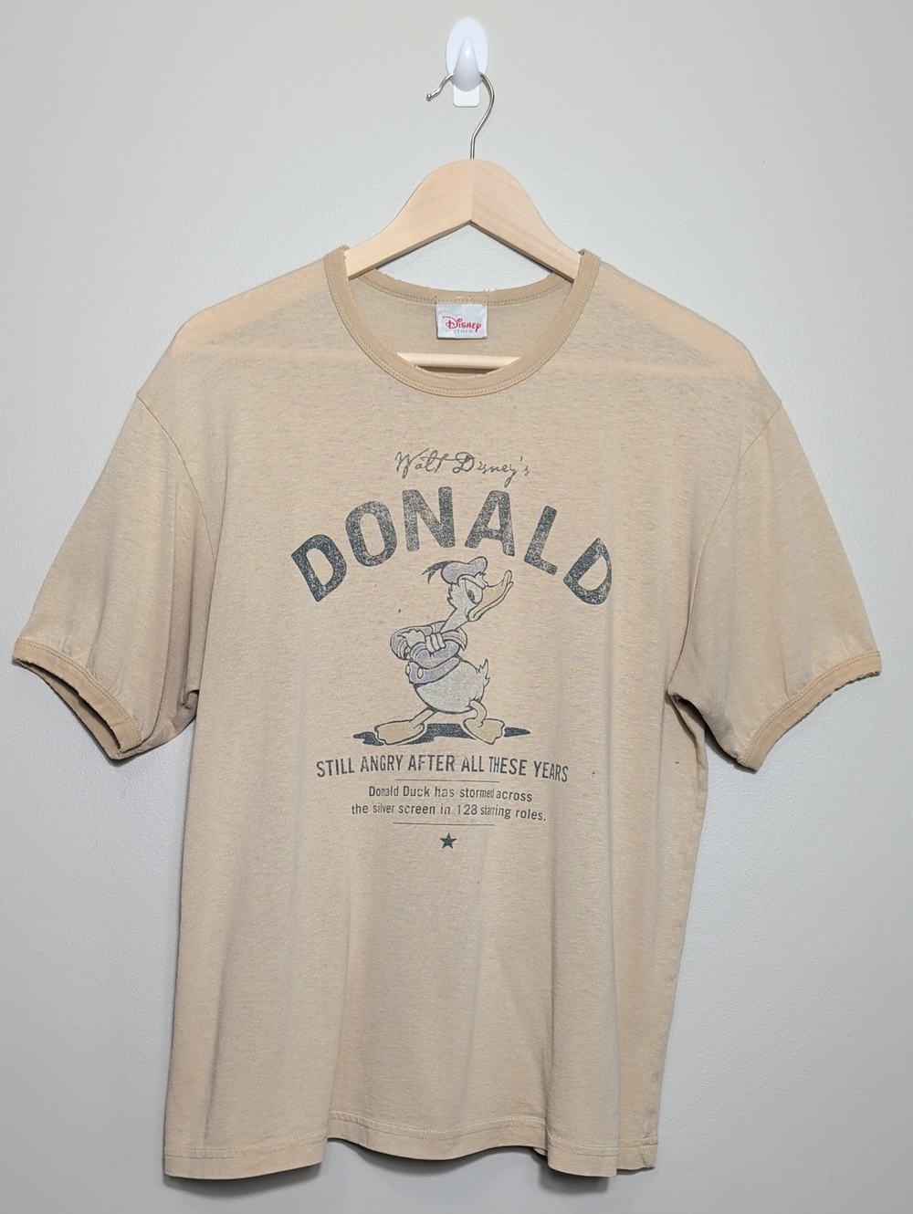 Vintage 90s Disney Store Tan Donald Duck Graphic Ringer T-Shirt Unisex Medium
